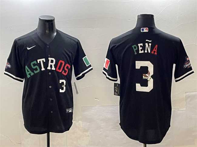 Mens Houston Astros #3 Jeremy Pena Black Mexico With World Serise Champions Patch Cool Base Stitched Jersey